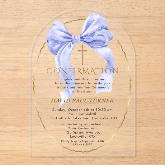 Elegante Blauwe Strik Gouden Jongensbevestiging Tr Acryl Uitnodigingen (Voorkant)