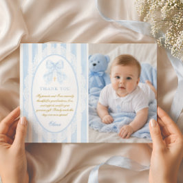 Elegante Blauwe Strik Jongens Doop Foto Plat Bedankkaart