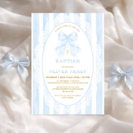 Elegante Blauwe Strik & Kruis Jongens Doopfeestje Kaart