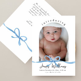 Elegante blauwe strik overlay foto geboorteaankond bedankkaart