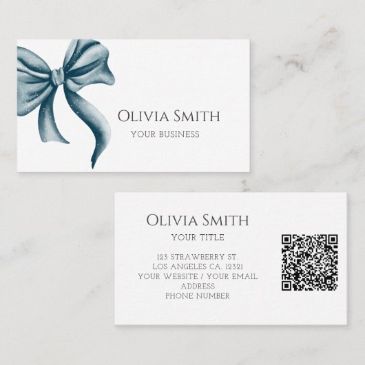 Elegante Blauwe Strik QR Code Visitekaartje (Voorkant / Achterkant)