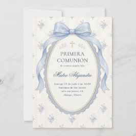 Elegante Blauwe Strik Spaanse Primera Comunion Kaart