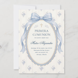Elegante Blauwe Strik Spaanse Primera Comunion Kaart