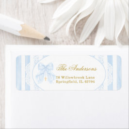 Elegante blauwe strik strepen kant etiket