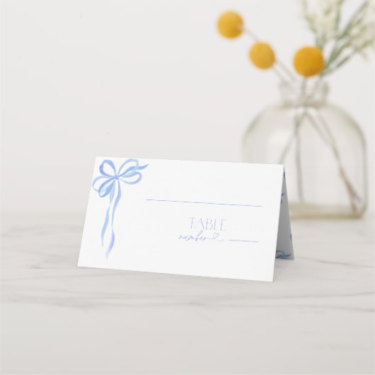 Elegante Blauwe Strik Waterverf Script Bruidsdouch Plaatskaartje (Voorkant)