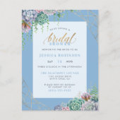 Elegante Blauwe Succulenten & Gouden Frame Bruilof Uitnodiging Briefkaart (Voorkant)