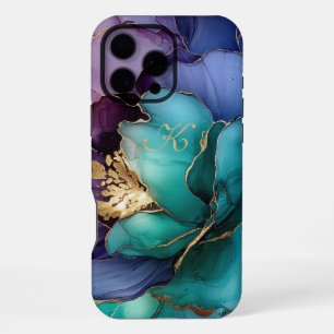 Elegante Blauwe Teal Lila Gouden Bloemen Monogram iPhone 16 Pro Max Hoesje