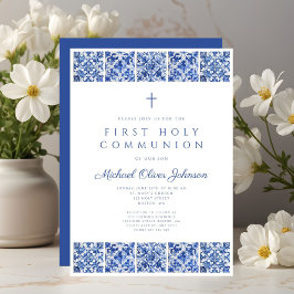 Elegante Blauwe Tegels Eerste Communie Jongen Kaart