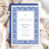 Elegante Blauwe Tegels Religieus Kruis Jongen Doop Kaart