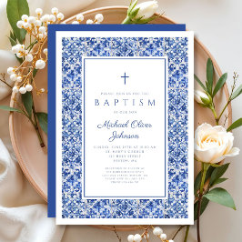 Elegante Blauwe Tegels Religieus Kruis Jongens Doo Kaart