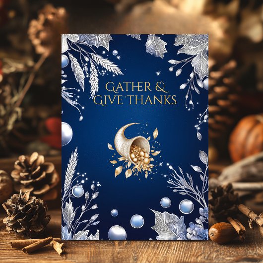 Elegante Blauwe Thanksgiving met Cornucopia & Silv Kaart