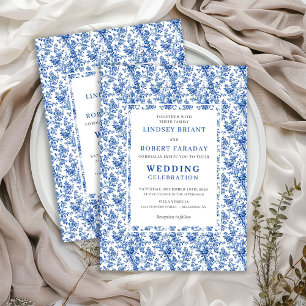Elegante blauwe toile bloem klassieke trouwkaarten kaart