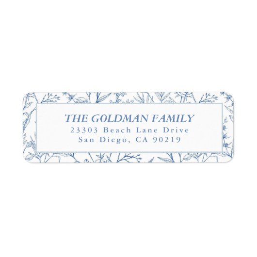 Elegante Blauwe Toile Bloemen Retouradres Labels (Voorkant)