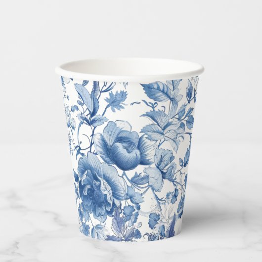 Elegante blauwe toile chinoiserie bruidsdouche papieren bekers (Voorkant)