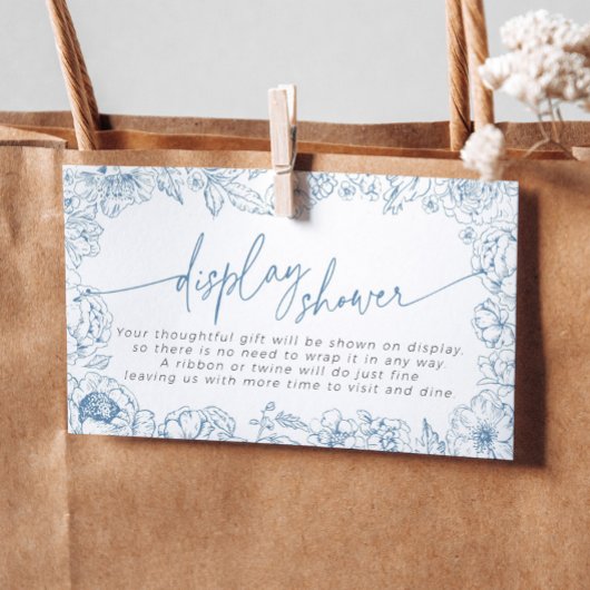 Elegante Blauwe Toile de Jouy Bruids Display Douch Informatiekaartje