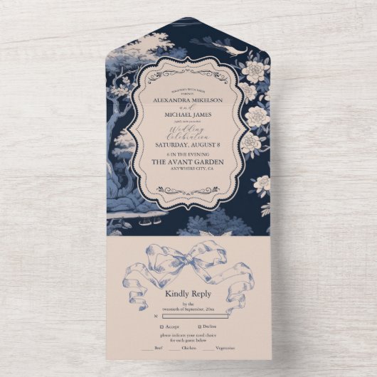 Elegante blauwe Toile de Jouy bruiloft All In One Uitnodiging (Binnen)