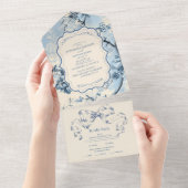 Elegante blauwe Toile de Jouy bruiloft All In One Uitnodiging (Afscheurbaar)