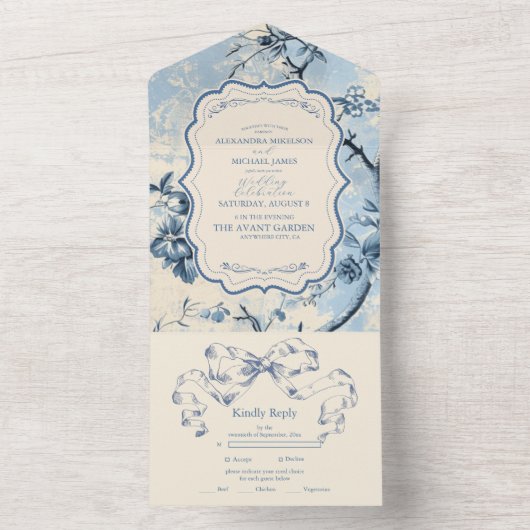 Elegante blauwe Toile de Jouy bruiloft All In One Uitnodiging (Binnen)