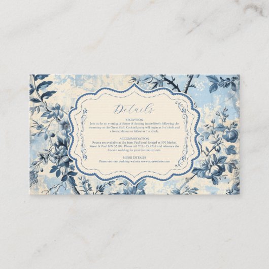 Elegante blauwe Toile de Jouy bruiloft Informatiekaartje (Voorkant)