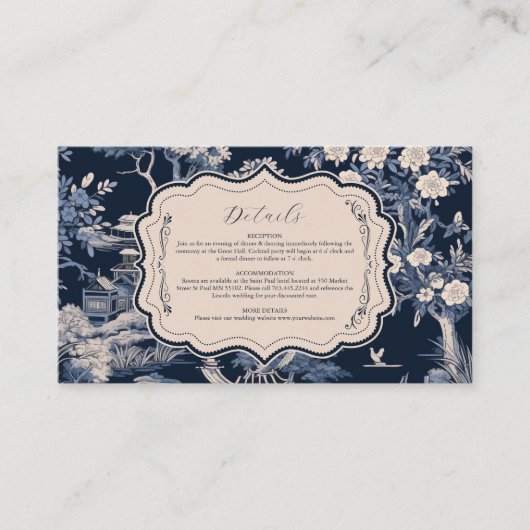 Elegante blauwe Toile de Jouy bruiloft Informatiekaartje (Voorkant)