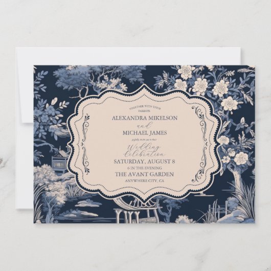 Elegante blauwe Toile de Jouy bruiloft Kaart (Voorkant)