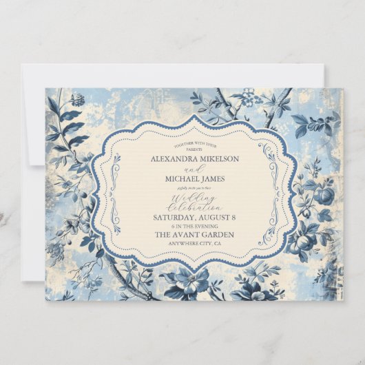 Elegante blauwe Toile de Jouy bruiloft Kaart (Voorkant)