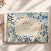 Elegante blauwe Toile de Jouy bruiloft RSVP Kaartje