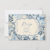Elegante blauwe Toile de Jouy bruiloft RSVP Kaartje (Voorkant)