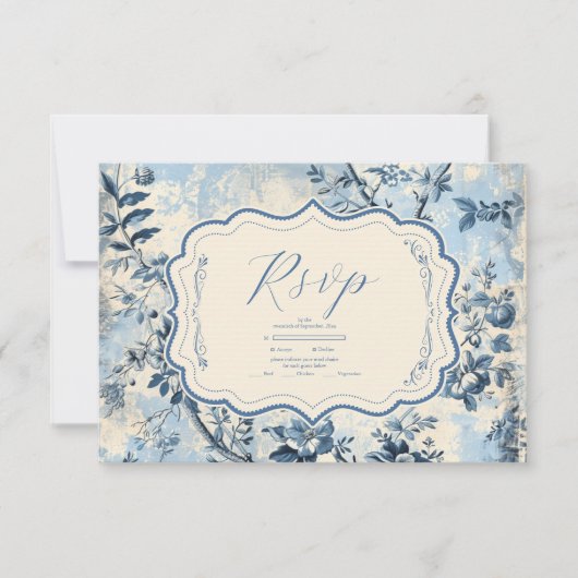 Elegante blauwe Toile de Jouy bruiloft RSVP Kaartje (Voorkant)