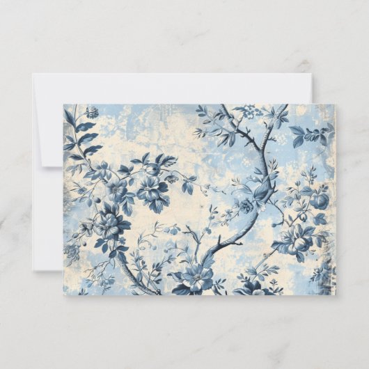 Elegante blauwe Toile de Jouy bruiloft RSVP Kaartje (Achterkant)