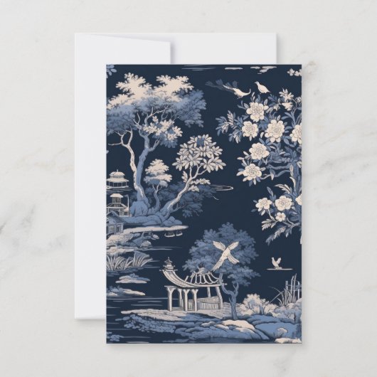Elegante blauwe Toile de Jouy bruiloft RSVP Kaartje (Achterkant)