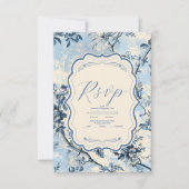 Elegante blauwe Toile de Jouy bruiloft RSVP Kaartje (Voorkant)