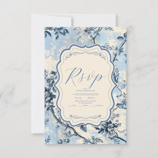 Elegante blauwe Toile de Jouy bruiloft RSVP Kaartje (Voorkant)