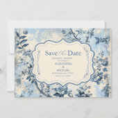 Elegante blauwe Toile de Jouy bruiloft Save The Date (Voorkant)