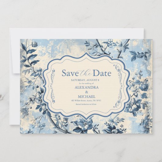 Elegante blauwe Toile de Jouy bruiloft Save The Date (Voorkant)