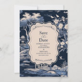 Elegante blauwe Toile de Jouy bruiloft Save The Date (Voorkant)