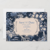 Elegante blauwe Toile de Jouy bruiloft Save The Date (Voorkant)