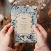 Elegante blauwe Toile de Jouy bruiloft Save The Date