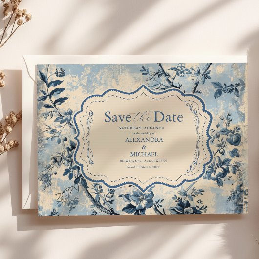 Elegante blauwe Toile de Jouy bruiloft Save The Date