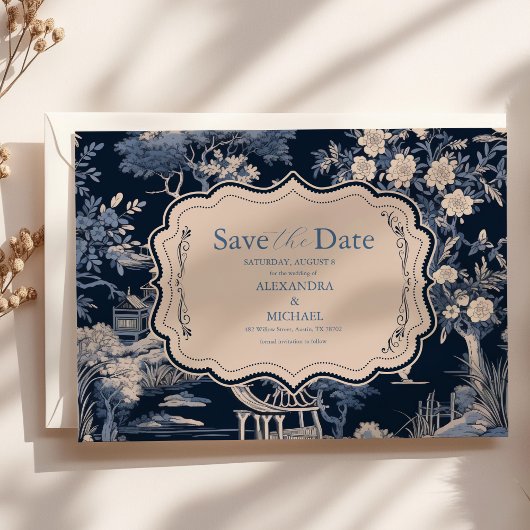Elegante blauwe Toile de Jouy bruiloft Save The Date