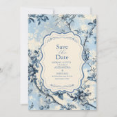 Elegante blauwe Toile de Jouy bruiloft Save The Date (Voorkant)