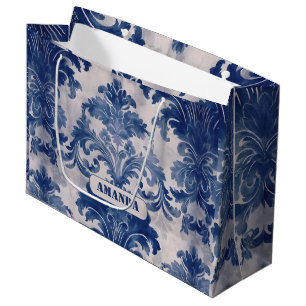 Elegante Blauwe Toile De Jouy Damast Monogram Groot Cadeauzakje