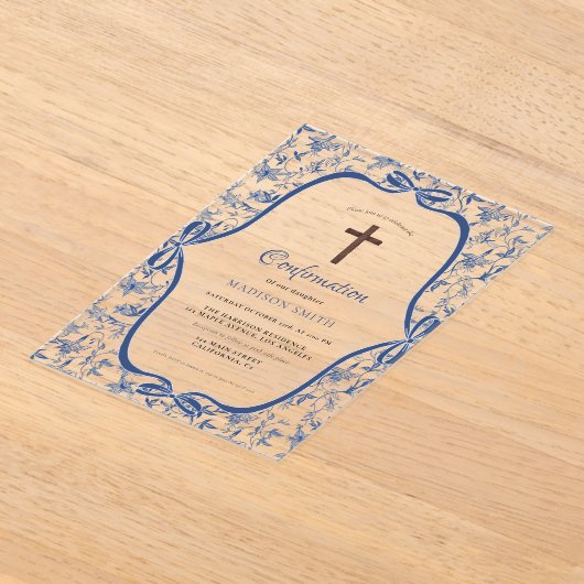 Elegante Blauwe Toile de jouy doop Acryl Uitnodigingen (Laagn)