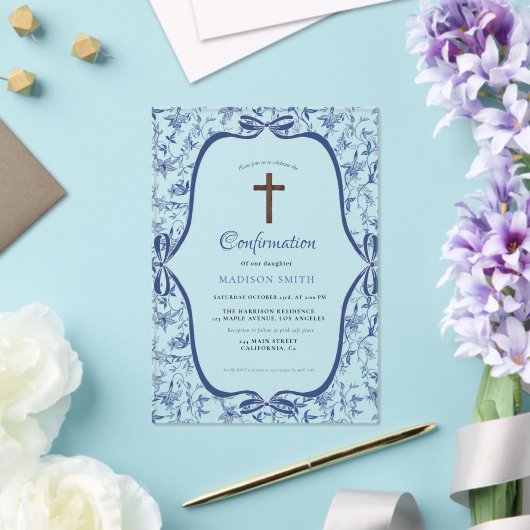 Elegante Blauwe Toile de jouy doop Acryl Uitnodigingen (Insitu (Huwelijk))