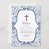 Elegante Blauwe Toile de jouy doop Kaart (Voorkant)