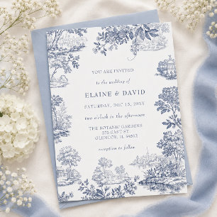 Elegante Blauwe Toile De Jouy Franse Antieke Trouw Kaart