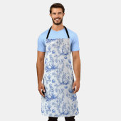 Elegante blauwe Toile de Jouy paashaas Schort (Gedragen)