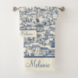Elegante blauwe Toile de Jouy Village scene Bad Handdoek