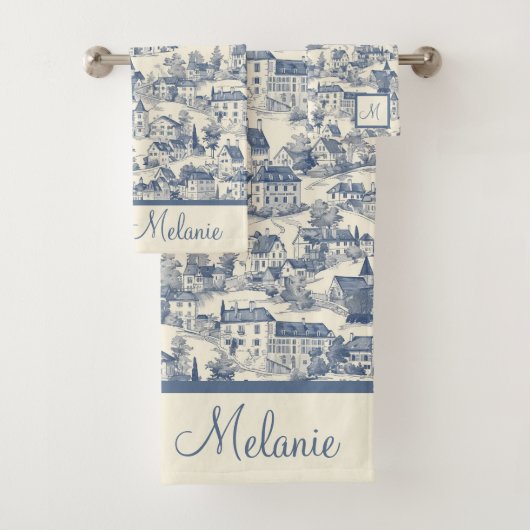 Elegante blauwe Toile de Jouy Village scene Bad Handdoek (Insitu)