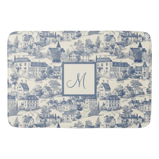Elegante blauwe Toile de Jouy Village scene Badmat (Voorkant)
